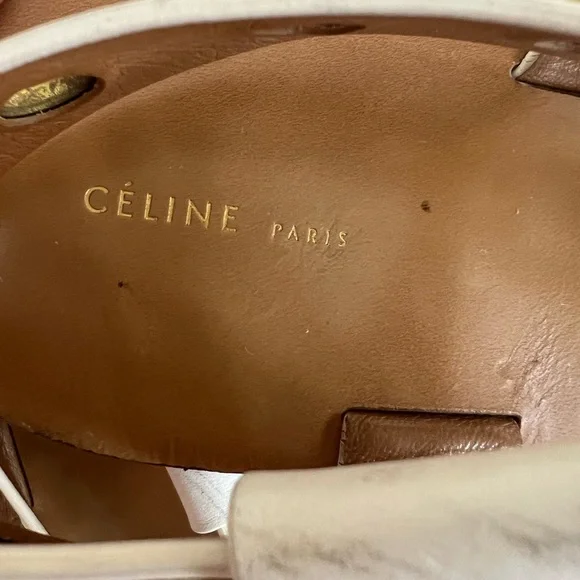 Celine White Leather Grommet Sandals 37.5 Flat Ankle Strap Made in Italy - Picture 3 of 16